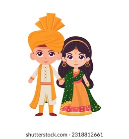 Cute Indian Wedding Couple Character Wearing Traditional Attire in Standing Pose.