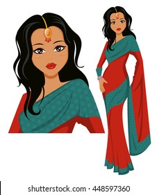 Cute Indian woman wearing a beautiful saree. Vector illustration. EPS10