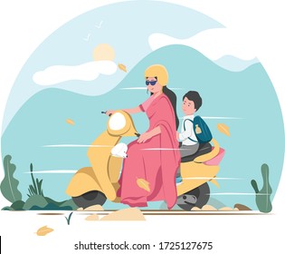 Cute Indian women riding on a yellow scooter with her Son. Women in Sari riding a Motorcycle. Mother dropping her son to school. Vector illustration of a flat design