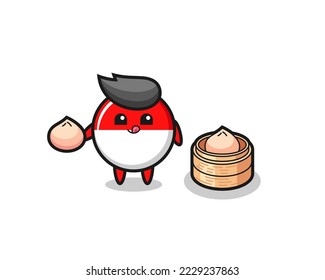 cute indonesia flag badge character eating steamed buns , cute style design for t shirt, sticker, logo element