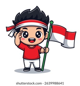 Cute Indonesian Boy Cartoon Saluting and Holding Indonesia Flag – Independence Day Character with Red and White Outfit and Headband – Vector Illustration on White Background