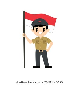 Cute Indonesian Boy in Uniform Holding National Flag