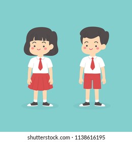 Cute Indonesian Elementary School Boy Girl Wearing Red and White Uniform Cartoon Vector Illustration