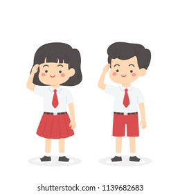 Cute Indonesian Elementary School Boy Girl Student Wearing Red and White Uniform Giving Salute Independence Day Cartoon Vector Illustration