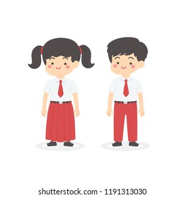 Cute Indonesian Elementary School Boy Girl Wearing Red and White Uniform Cartoon Vector Illustration