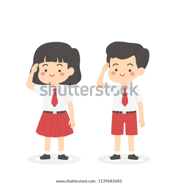 Cute Indonesian Elementary School Boy Girl Student Wearing Red and