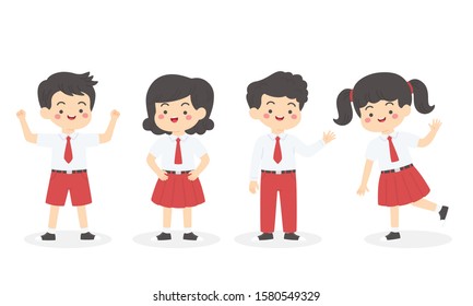 Cute Indonesian Elementary School Boys Girls Kids Group Set Wearing Red and White Uniform Cartoon Vector Illustration