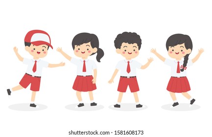 Cute Indonesian Elementary School Boys Girls Kids Group Set Wearing Red and White Uniform Cartoon Vector Illustration