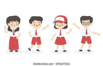 Cute Indonesian Elementary School Boys Girls Kids Group Set Wearing Red and White Uniform Cartoon Vector Illustration