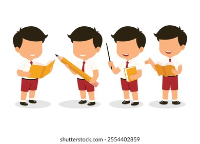 Cute Indonesian Elementary School Boys Girls Kids group set in various gesture wearing Red and White Uniform Cartoon Vector Illustration