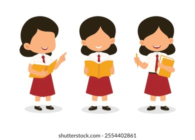 Cute Indonesian Elementary School Boys Girls Kids group set in various gesture wearing Red and White Uniform Cartoon Vector Illustration