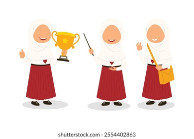 Cute Indonesian Elementary School Boys Girls Kids group set in various gesture wearing Red and White Uniform Cartoon Vector Illustration