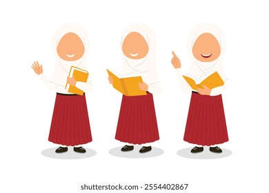 Cute Indonesian Elementary School Boys Girls Kids group set in various gesture wearing Red and White Uniform Cartoon Vector Illustration