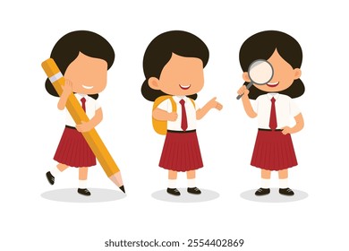 Cute Indonesian Elementary School Boys Girls Kids group set in various gesture wearing Red and White Uniform Cartoon Vector Illustration