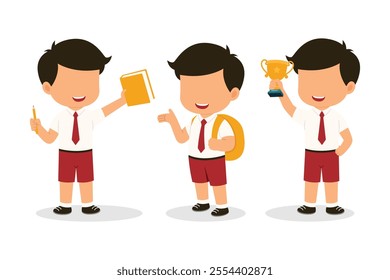 Cute Indonesian Elementary School Boys Girls Kids group set in various gesture wearing Red and White Uniform Cartoon Vector Illustration