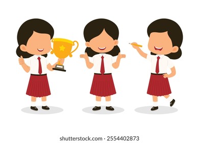 Cute Indonesian Elementary School Boys Girls Kids group set in various gesture wearing Red and White Uniform Cartoon Vector Illustration