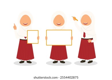 Cute Indonesian Elementary School Boys Girls Kids group set in various gesture wearing Red and White Uniform Cartoon Vector Illustration