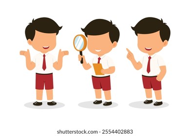 Cute Indonesian Elementary School Boys Girls Kids group set in various gesture wearing Red and White Uniform Cartoon Vector Illustration