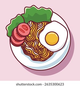 Cute Indonesian fried noodles with fried egg illustration vector.