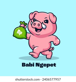 Cute Indonesian Ghost Babi Ngepet Bring Money Bag Cartoon
Vector Icon Illustration. Animal Holiday Icon Concept Isolated 
Premium Vector. Flat Cartoon Style