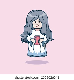 Cute Indonesian Ghost Kuntilanak Cartoon Vector Icon Illustration. Kuntilanak Is Playing With Her Cellphone.