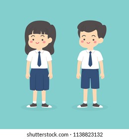 Cute Indonesian Junior High School Boy Girl Wearing Blue and White Uniform Cartoon Vector Illustration