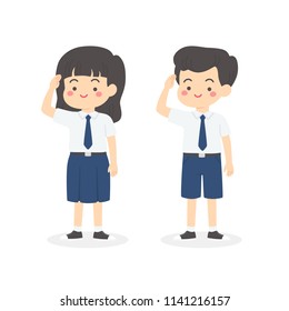 Cute Indonesian Junior High School Boy Girl Student Wearing Blue and White Uniform Giving Salute Independence Day Cartoon Vector Illustration