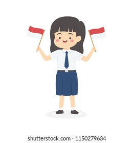 Cute Indonesian Junior High School Girl Student with Blue and White Uniform Holding Flag, Indonesia Independence Day Cartoon Vector Illustration