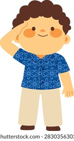 Cute Indonesian student wearing batik uniform, saluting with friendly expression, fullbody cartoon vector illustration.