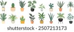 Cute Indoor Plants, Flat Vector Set. House Plants in Ceramic Pots, Cups, Basket Planters. Decorative Indoor Plant Collection Isolated on White. Colorful Houseplant Design Illustration