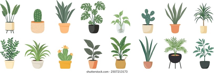 Cute Indoor Plants, Flat Vector Set. House Plants in Ceramic Pots, Cups, Basket Planters. Decorative Indoor Plant Collection Isolated on White. Colorful Houseplant Design Illustration