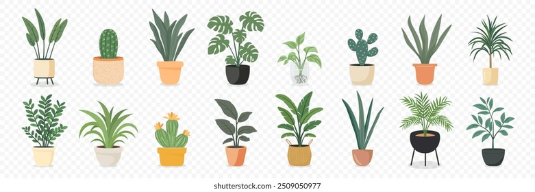 Plantas interiores lindas, juego de Vector plano. Plantas de la casa en macetas de cerámica, tazas, macetas de cesta. Colección interior decorativa de la planta aislada en blanco. Ilustración de diseño de planta de casa colorida