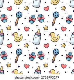 Cute infancy, motherhood theme seamless pattern. Fabric for children clothing design, gender parties, baby shower. Baby theme texture with bath rubber duck, pacifier, milk bottle. Outline vector