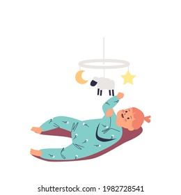 Cute infant baby lying on back and playing with toy carousel. Happy newborn little girl has fun with bed mobile. Childcare concept. Cartoon flat vector illustration