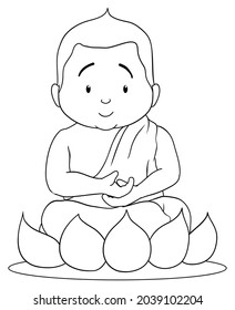 Cute infant Buddha meditating over lotus flower. Version in cartoon style and outlines to coloring.