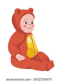 Cute infant character wearing soft plush onesie, bear. Isolated child with positive facial expression sitting quietly. Kiddo with blushing cheeks and calm posture. Vector in flat style illustration