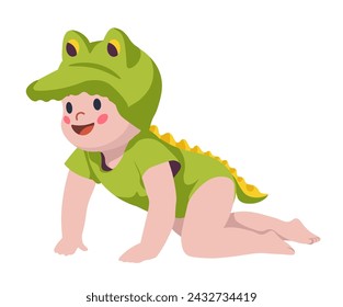 Cute infant personage wearing crocodile costume crawling and moving. Isolated smiling little character with positive facial expression and blush on face. Smiling boy or girl. Vector in flat style