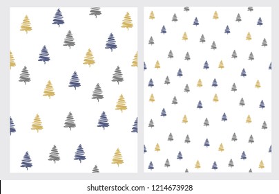 Cute Infantile Style Christmas Trees Vector Pattern. Abstract Winter Forest. Simple Sketch Woods Isolated on a White Background. Funny Blue, Gray and Gold Christmas Trees Vector Illustration. 