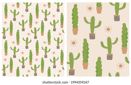 Cute Infantile Style Floral Vector Patterns with Big Hand Drawn 
 Cactuses on a Dusty Beige Background. Abstract Print with Green Cacti in a Dotted Pot ideal for Fabric, Textile, Wrapping Paper.