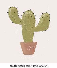 Cute Infantile Style Floral Vector Illustration with Big Hand Drawn Cactus on a Light Cream Background. Abstract Print with Green Cacti in a Brown Pot ideal for Card, Invitation, Wall Art,Poster.