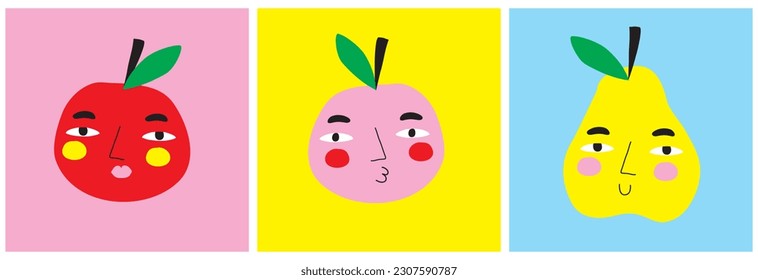 Cute Infantile Style Fruits. Abstract Hand Drawn Apples and Pear Isolated on a Pink, Yellow and Blue Background. Modern Childish Drawing Style Vector Illustration of Happy Colorful Smiling Fruits. 