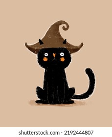 Cute Infantile Style Halloween Vector Art with Black Cat in a Witch Hat on a Light Brown Background. Sweet Halloween Kitty. Lovely Hand Drawn Kitten Print ideal for Wall Art, Poster, Cat Lovers.