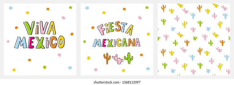 Cute Infantile Style Mexican Party Vector Ilustration and Pattern.Colorful Handwritten Letters Isolated On a White Background.Multicolor Cactuses Repeatable Design.Viva Mexico and Fiesta Mexicana Card