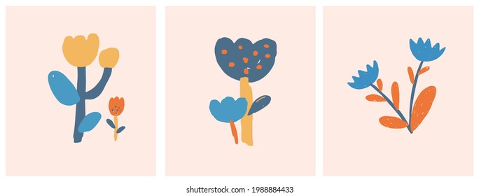 Cute Infantile Style Nurser Vector Illustration with Hand Drawn  Colorful Flowers on a Light Beige Background. Lovely Abstract Garden Print ideal for Card, Invitation, Greeting, Wll Art, Poster.