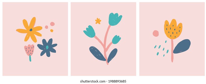 Cute Infantile Style Nurser Vector Illustration with Hand Drawn  Colorful Flowers on a Pastel Pink Background. Pink Abstract Garden Print ideal for Card, Invitation, Greeting, Wll Art, Poster.