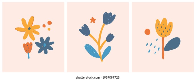 Cute Infantile Style Nurser Vector Illustration with Hand Drawn  Colorful Flowers on a Light Beige Background. Lovely Abstract Garden Print ideal for Card, Invitation, Greeting, Wll Art, Poster.