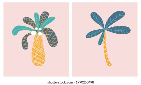 Cute Infantile Style Nursery Vector Illustration with Hand Drawn  Colorful Palm Trees on a Pastel Pink Background. Pink Abstract Tropical Garden Print for Card, Invitation, Greeting, Wall Art, Poster.
