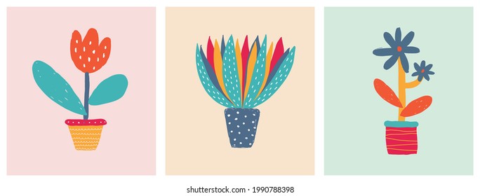 Cute Infantile Style Nursery Vector Illustration with Hand Drawn  Colorful Flowers on a Pastel Pink, Light Blue and Cream Background. Abstract Garden Print ideal for Card, Invitation, Wall Art,Poster.