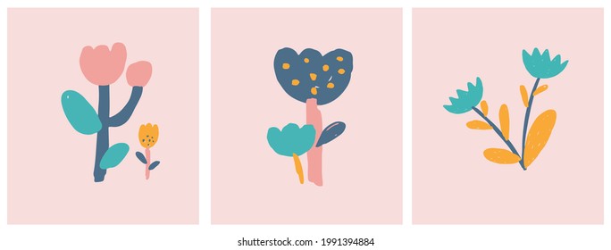 Cute Infantile Style Nursery Vector Illustration with Hand Drawn  Colorful Flowers on a Pastel Pink Background. Pink Abstract Garden Print ideal for Card, Invitation, Greeting, Wall Art, Poster.