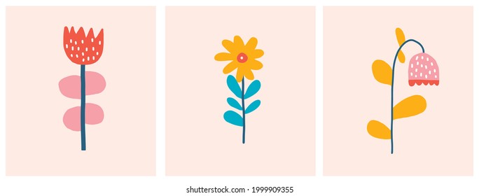 Cute Infantile Style Nursery Vector Illustration with Hand Drawn Colorful Flowers on a Pastel Pink Background. Pink Abstract Garden Print ideal for Card, Invitation, Greeting, Wall Art, Poster.